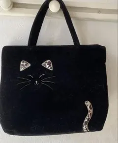 平成レトロ　トートバッグ　黒の猫の顔の柄　コール天生地　猫バッグのサムネイル