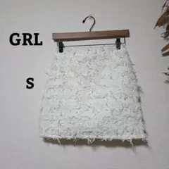 GRL/グレイル/インパン裏地/フリンジ/ツイード/ミニスカート/ホワイト/S