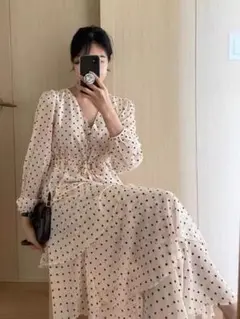 水玉 ドット Vネック 拼接 優しい Aライン エレガントワンピース ロング