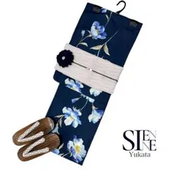 浴衣ジェンヌ 新作 浴衣5点セット 紺地 水彩画調 青紫 花柄 兵児帯