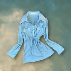 00s アーカイブ Y2K リブシャツ 水色 ギミック 平成ギャル グランジ