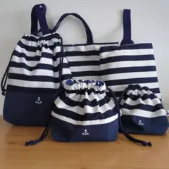 ハンドメイド　レッスンバッグ他5点セット　入園　入学　マリン　イカリ　刺繍