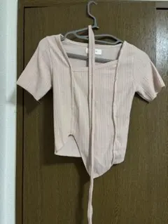 韓国で購入　タイリボン付き リブピンクショート丈アシンメトリー カットソー