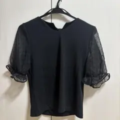 ブラック リブトップス シースルー袖 ドット パフスリーブ 上品 ロペピクニック