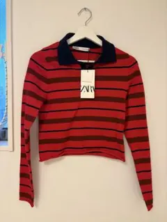 ZARA 赤青ストライプ 長袖ポロシャツ 新品