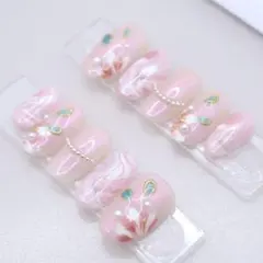 【293】ネイルチップSサイズ ピンク花柄パールフレンチ ニュアンス マグネット