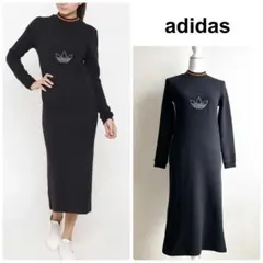 美品adidas アディダス　ビッグロゴ ロングドレスワンピース　ブラック