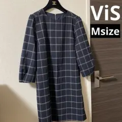 美品 ViS ヴィス チェック柄 ネイビー ワンピース Mサイズ 長袖