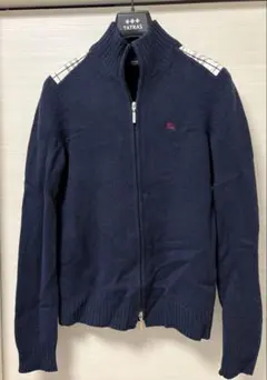 バーバリーブラックレーベル ダブルジップセーター濃紺カシミア混2 Ｍサイズ美品