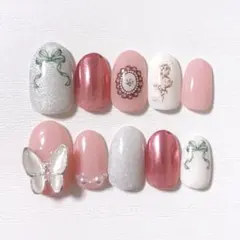 【No.165】ネイルチップ ショートオーバル ピンク リボン ガーリー