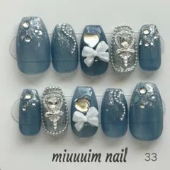 ネイルチップ 青 水色 キラキラ 韓国 ワンホン フレンチガーリー 推し活ネイル