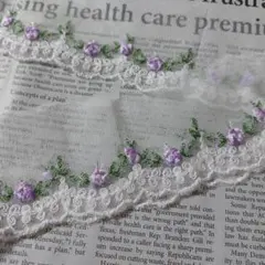花柄刺繍チュールレース ホワイト パープル幅６cm １m　B④