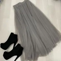 グレー　チュールスカート　ドレス、フォーマル、ニット、春夏秋冬、カジュアル
