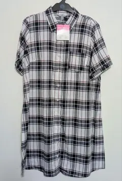 新品　ロングシャツ チェック柄 チュニックワンピース　半袖シャツ L　産前産後