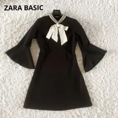 ZARA BASIC ビジューボウタイ フレアベル袖 ミニ ワンピース ブラックのサムネイル