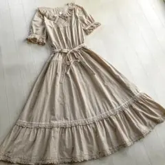 ピンクハウス 綿ローン ベージュ×白 チェック柄 ピコフリル ワンピース