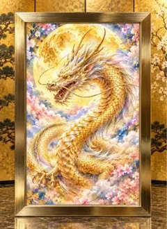 黄金の龍が天を翔け、満月の光と重なり合う龍神の強大なエネルギー　額縁付きアート