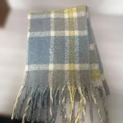 レディースチェック柄フリンジマフラー水色、グレー、黄色、白