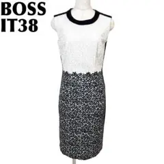 【美品】 BOSS ノースリーブ タイト ワンピース IT38 白×黒 花詩集のサムネイル