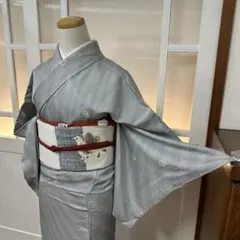 小紋　袷　正絹　暁鼠色ブルーグレー　抽象模様　身丈158.5裄69.5身幅大きめ