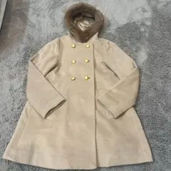 ベージュ ダブルブレストコート ファー襟
