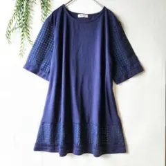 晴れ色 しまむら『M』シアー チェック切替 カットソー チュニック ５分袖