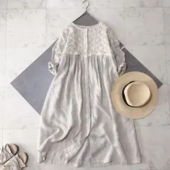 美品 エリフェ リネン シャツワンピース レース ロング ギャザー ナチュラルのサムネイル