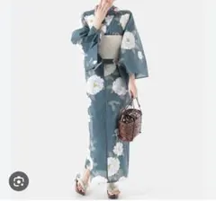 青色花柄浴衣・白帯セット