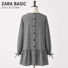 ZARA ザラ チュニック M ギンガムチェック 背面ボタン 黒白　袖リボンのサムネイル