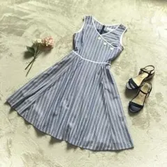 A277◾︎ Kitamuraキタムラ ストライプフレアワンピース 春夏 日本製のサムネイル