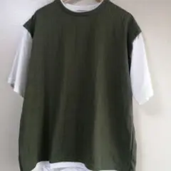 オリーブグリーン 格子模様 Tシャツ 重ね着風