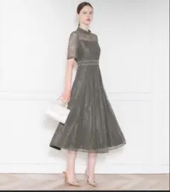 新品✨LEJA ハイネック花柄レースウエストマーク透けロングドレスグリーン S