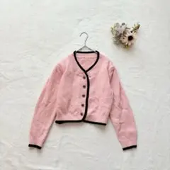 クロップドニットカーディガン（M）バイカラー ヴィンテージ 古着 レトロ ピンク
