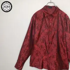 【美品】ドレスシャツ　ペイズリー柄　サテン風　テロ感　総柄　赤　レッド　長袖