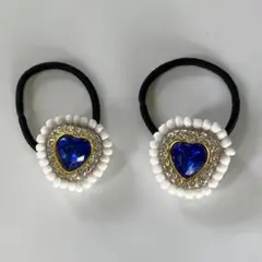 ビーズデザインヘアゴムセット ハンドメイド ビーズ刺繍 青 ブルー 2個セット
