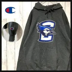 【人気】チャンピオン　パーカー　ビッグプリント　ワンポイント刺繍ロゴ　グレー古着