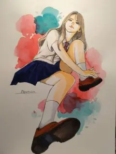 手描きイラストA4　コピック・水彩画『無敵モード』