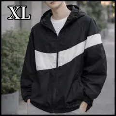 ナイロンジャケット　フード付き　ジップ　カジュアル　バイカラー　春秋　羽織　黒