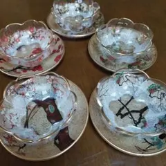 川村硝子工業　光琳絵　ガラスデザート、 小鉢5個と小皿5枚　スプーン付き