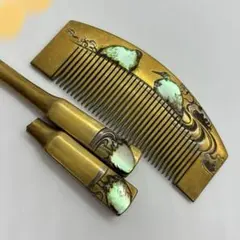 010102 アンティーク　鼈甲　螺鈿金蒔絵（鶴）櫛笄　かんざし　櫛笄