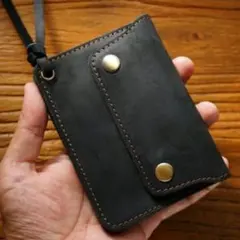 牛革ブラックメンズコインケース　財布 トラッカーウォレット アメカジ