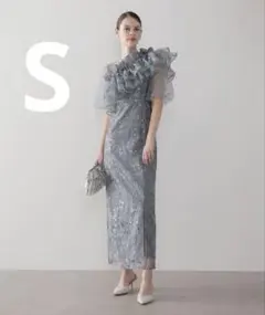 【LEJA】3WAYチュールラッフルフラワースパンコールIラインワンピースドレス