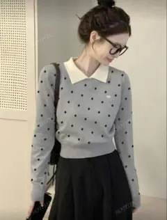韓国風 襟付き カラーブロック ポロカラー 長袖 ドット グレー