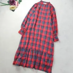 洗える✨バンドカラー チェックパフスリーブワンピース 赤 FREE