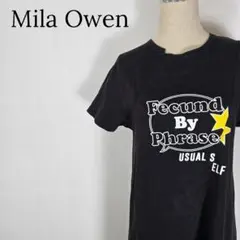 ミラオーウェン ロゴプリントワンピース ロング丈 スリット入 楽ちん 黒 M