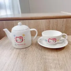 サンリオ1996年製 ハローキティ☆陶器製ダイカット 土鍋 レンゲ 小皿