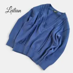 レリアン　ケーブルニット　セーター　Vネック　ネイビーブルー　ラムウール　9号