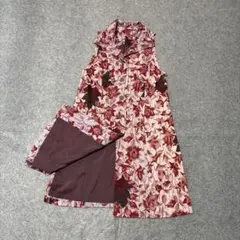 Vintage 総柄 ロングジレ ベスト ラメ 赤 派手 昭和レトロ 個性的