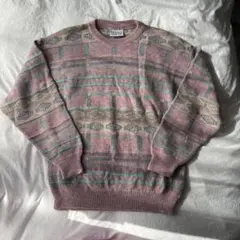 古着ニット セーター総柄 レトロ ヴィンテージ イタリア製 ピンク100%ウール