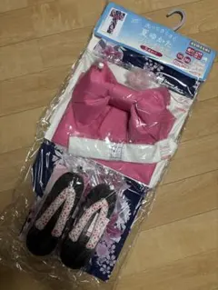 新品　浴衣　5点セット　帯　下駄　腰紐　髪飾り130 140 しまむら　作り帯